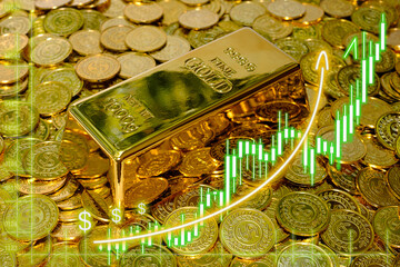 Growth of gold price graph chart to growth investors with bullion background