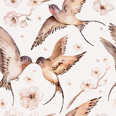 Watercolor spring flying swallows isolated and blossom flowers seamless pattern fabric background