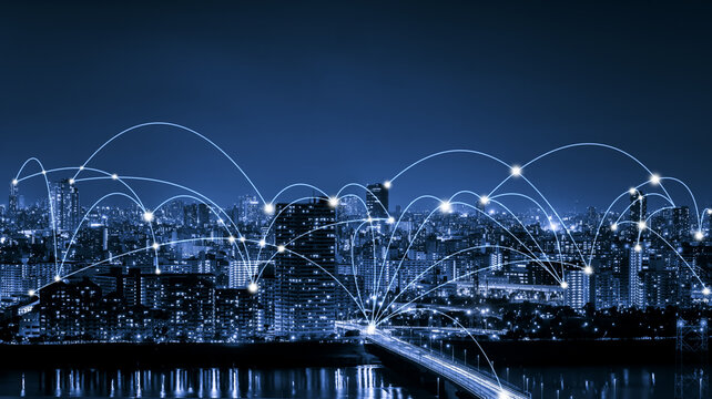 Advanced communication and global internet network connection in smart city . Concept of future 5G wireless digital connecting and social media networking .