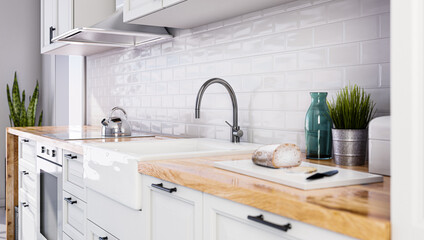 Fototapeta na wymiar Scandinavian open style kitchen in white color, white tiles
