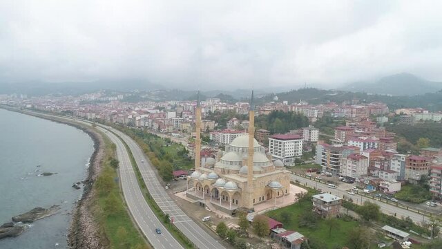 Aerial view of Giresun province landscape and Sarayburnu Mosque in Turkey
