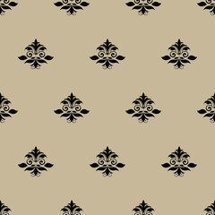The lily is black on a beige background. Abstract floral pattern. Petals and leaves. Classic ornament in restrained tones. Elegant pattern for wallpaper.