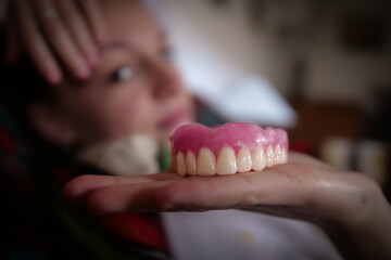 
client satisfied with her dental prosthesis - obrazy, fototapety, plakaty