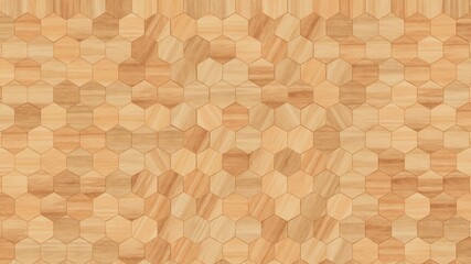 Wooden wall background. Light wood pattern. Modern wood template. Hexagonal wooden pattern. 3d illustration.