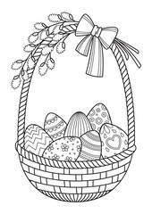 Doodle coloring book page Easter basket with Easter eggs and willow twigs