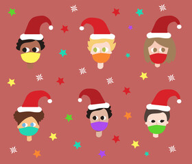 Illustration of children diversity wearing christmas hat and face mask