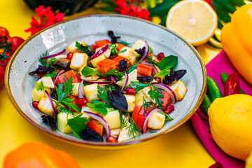 healthy food. Salad with zucchini, tomatoes, herbs and pomegranate seeds on a decorated table