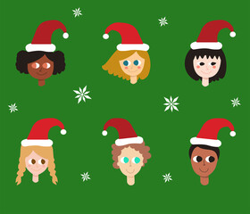 Illustration of children diversity wearing christmas hat