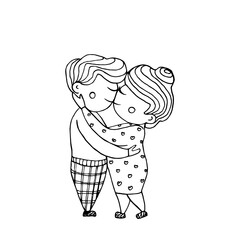 Retro banner anniversary couple hugs. Love black and white line illustration. Vector cartoon postcard.