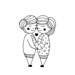 Retro banner anniversary heart couple hugs. Love family black and white line illustration. Vector cartoon postcard.