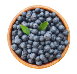 Blueberries in wooden bowl on white background