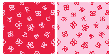 Set of modern retro vector floral seamless pattern with pink background.
