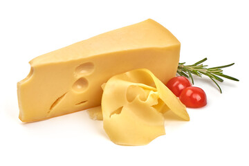 Emmental cheese, Swiss cheese, isolated on white background