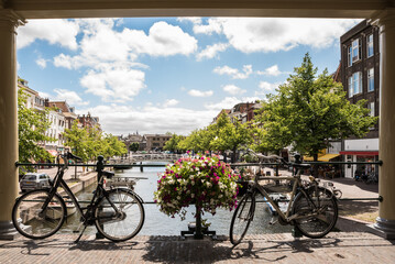 Fototapeta premium A view towards a Leiden canal from a bridge, Leiden, Netherlands-