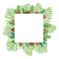 Obraz premium Watercolor christmas square frame, new year green thuja tree branches and cones decoration, Hand drawn illustration isolated on white background