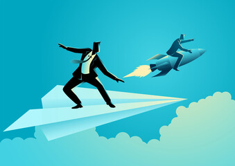 Businessman on paper plane compete with a businessman on a rocket