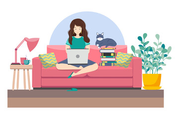 Young woman working or studying from home, sitting on the couch, in a cozy atmosphere, with tea and a cat. Covid-19 quarantine concept, work and learning from home.