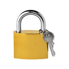 PADLOCK with key. Yellow metallic padlock on white background.