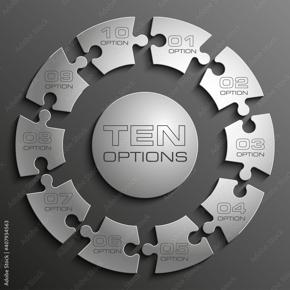 Aufkleber Ten sided 3d puzzle presentation infographic template with explanatory text field for business statistics