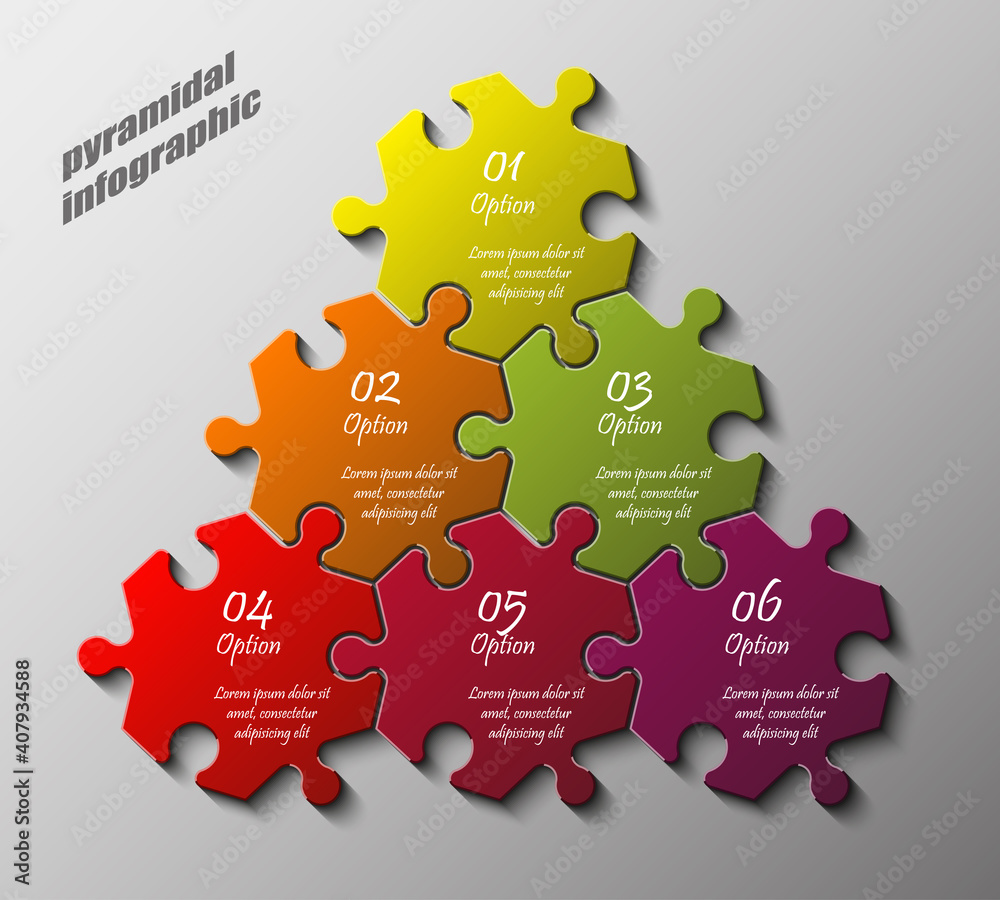 Poster pyramid puzzle presentation infographic template with explanatory text field for business statistics illustration