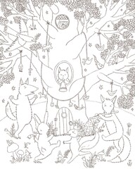 The wolf, hare, fox, squirrel and cat dance and play musical instruments in the forest. Coloring. Black and white digital illustration. Cute illustration for the decor and design of posters, postcards