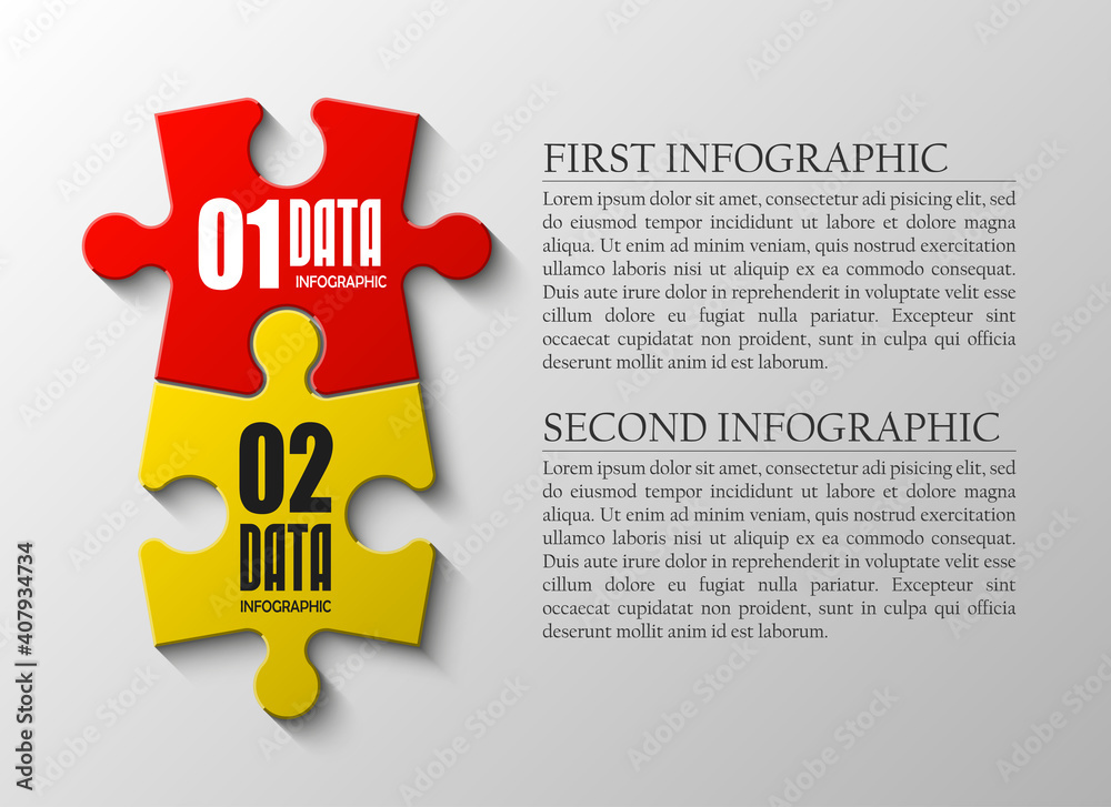 Fototapete Two sided 3d puzzle presentation infographic template with explanatory text field for business statistics