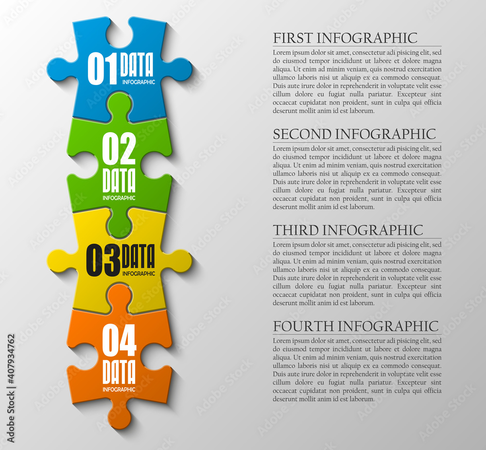 Poster Four sided 3d puzzle presentation infographic template with explanatory text field for business statistics