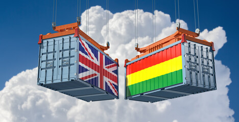 Freight containers with Bolivia and United Kingdom flag. 3D Rendering 