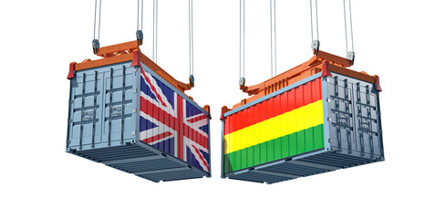 Freight containers with Bolivia and United Kingdom flag. 3D Rendering 