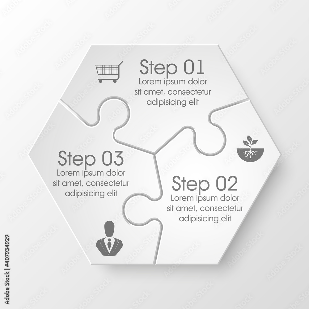 Fototapete Three sided 3d puzzle presentation infographic template with explanatory text field for business statistics