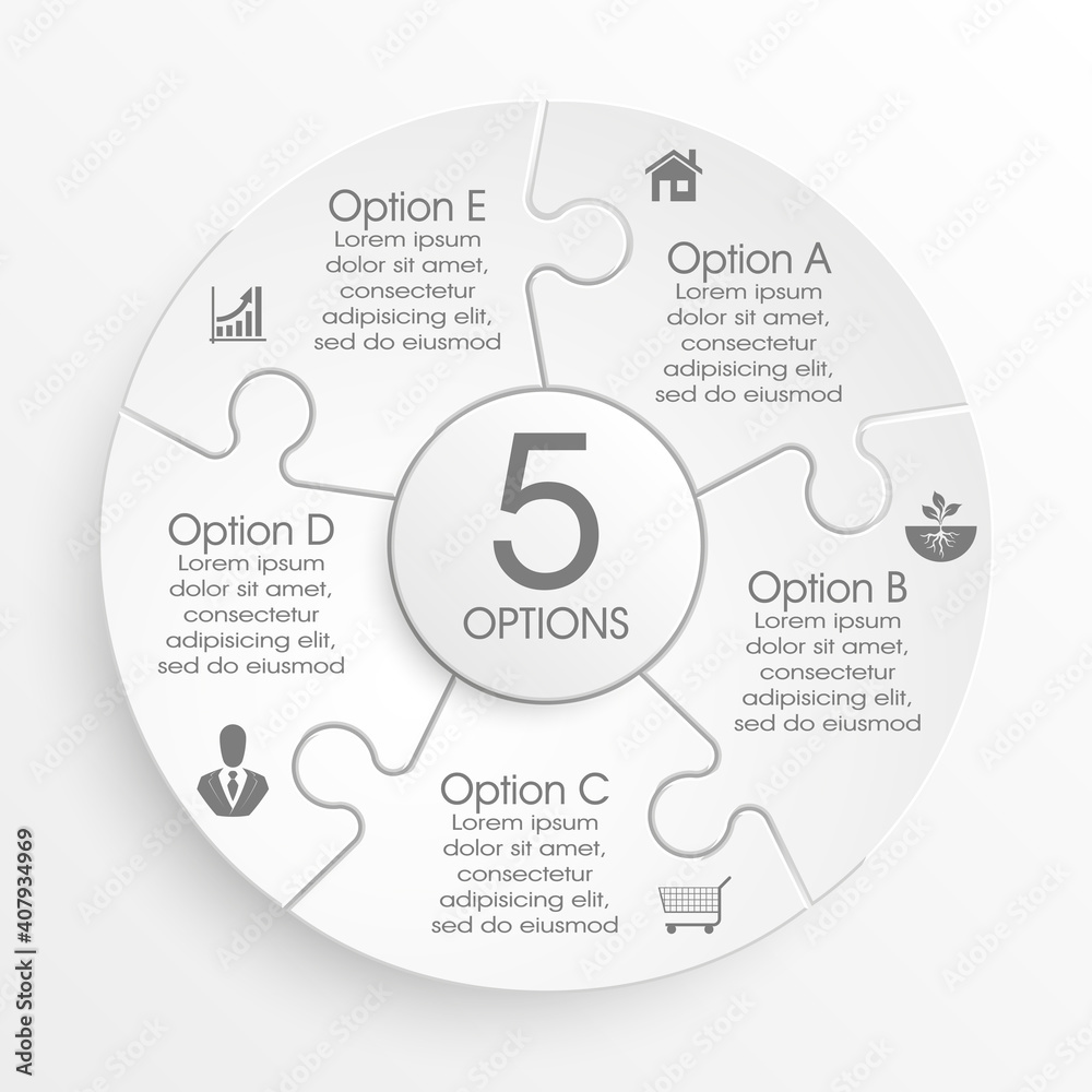 Leinwandbilder Five sided 3d puzzle presentation infographic template with explanatory text field for business statistics