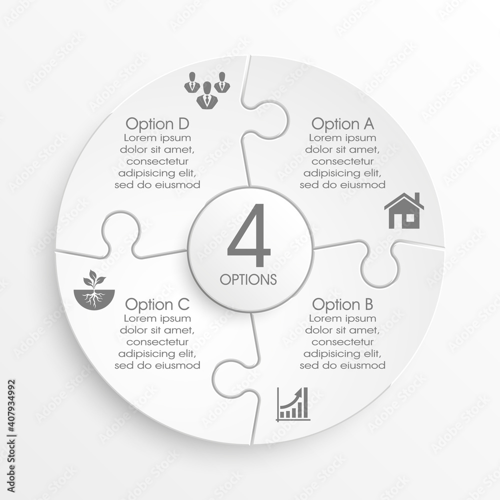 Poster Four sided 3d puzzle presentation infographic template with explanatory text field for business statistics