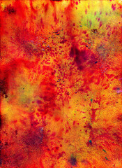 Background, watercolor texture. Red and orange background with splashes of red paint, green shades