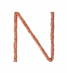 Letter N made of copper wire  isolated on white background