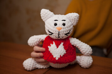 The child holds in his hands a crocheted white cat in a red vest with a heart. Valentine's Day Gift.