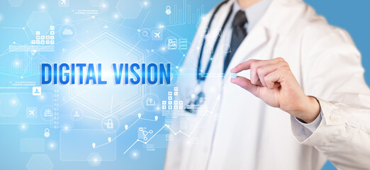 Doctor giving a pill with DIGITAL VISION inscription, new technology solution concept