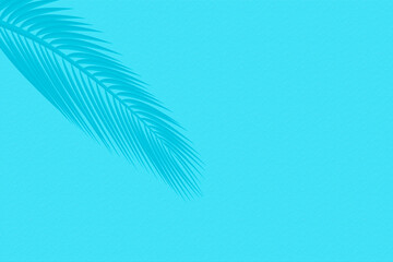 Mint Blue cement texture wall leaf plant shadow background.Summer tropical travel beach with minimal concept. Flat lay pastel color palm nature..