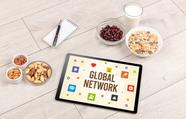 Healthy Tablet Pc compostion with GLOBAL NETWORK inscription, Social networking concept