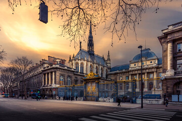 Paris, France - January 18, 2021: The front entrance of the Palais de Justice and Sainte-Chapelle...