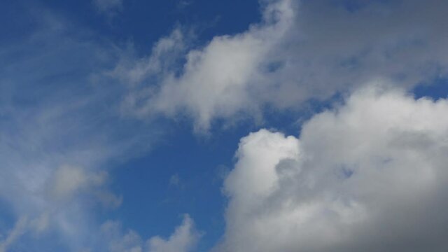 cumulus clouds flying low in the blue sky time lapse