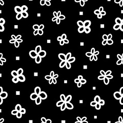 Cute flowers with rectangle minimal seamless repeat pattern, Random placed, vector doodle botanical and geometrical elements on black background.