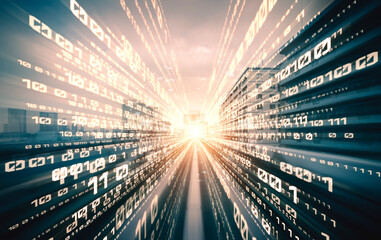Digital data flow on road with motion blur to create vision of fast speed transfer . Concept of future digital transformation , disruptive innovation and agile business methodology .