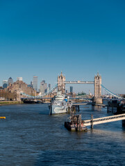 UK, England, London, Tower Bridge HMS Belfast Canary wharf