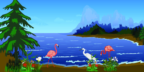 World wetlands day vector illustration, with lake, mountains, trees, flamingos, egret and other plants and flowers.