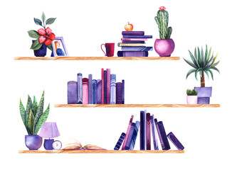 Watercolor bookshelves with cute decorative stuff on white background. Three wooden shelves with home plants in colorful pots, piles of books, photo in frame, table lamp and clock. Student's interior