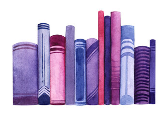 Watercolor image of pile of books isolated on white background. Colorful book spines of blue, pink and purple colors. Hand drawn private library. Decorative element for scrapbooking