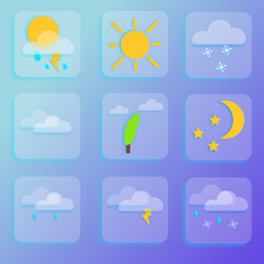Obraz premium Set of weather icons in the style of glassmorphism on a blue background. Vector illustration. White clouds, sun, windy day, month with stars, rain, snow for forecast design. 