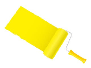 Paint roller color in yellow white background template. Banner round paint brush draws wide strip repainting wall in creative dye decorative renovation with vector advertising.