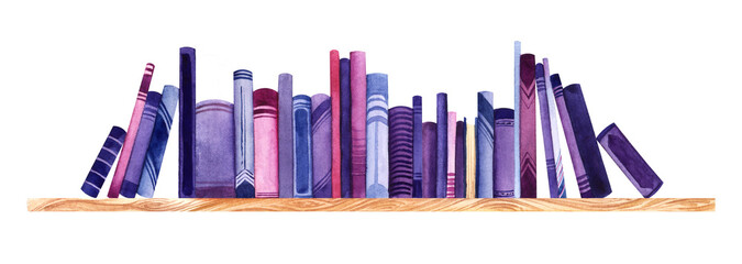 Watercolor image of bookshelf full of books with colorful covers isolated on white background. Row of books on wooden shelf. Books spines of blue, purple and pink colors