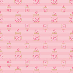 Fototapeta premium Seamless Pattern with Mason Jar of Hearts on Stripes. Perfect for Valentines Day Theme Projects.